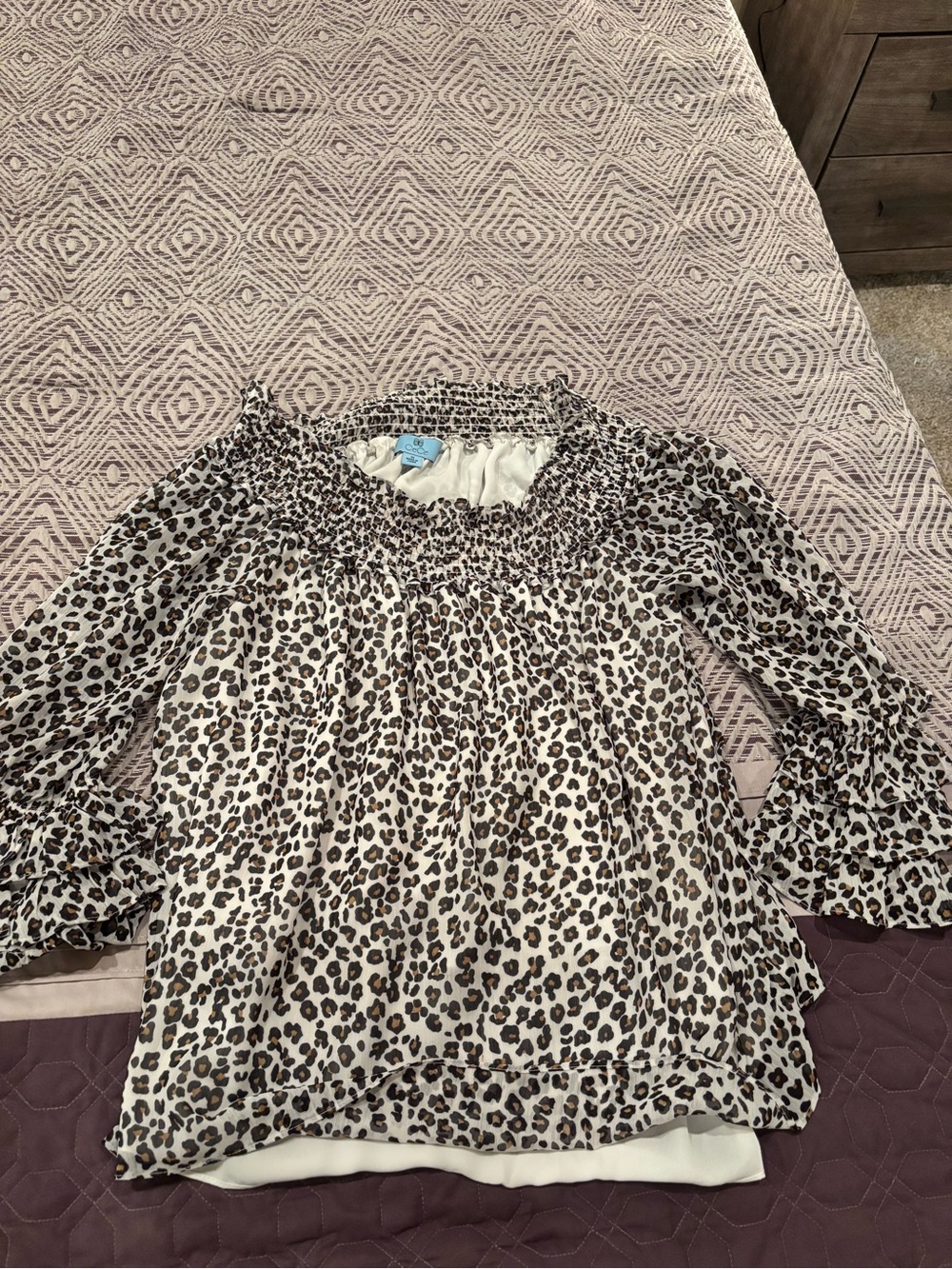 CeCe Leopard Smocked Top in Cream, Brown & Black